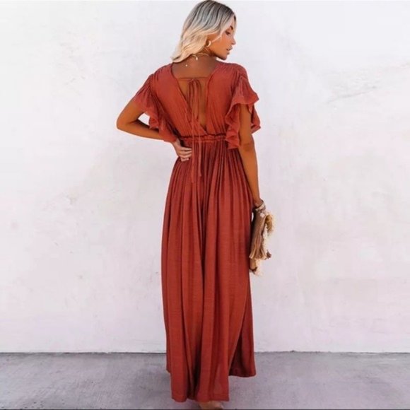Elegant Backless Rust Maxi Dress - Picture 3 of 12